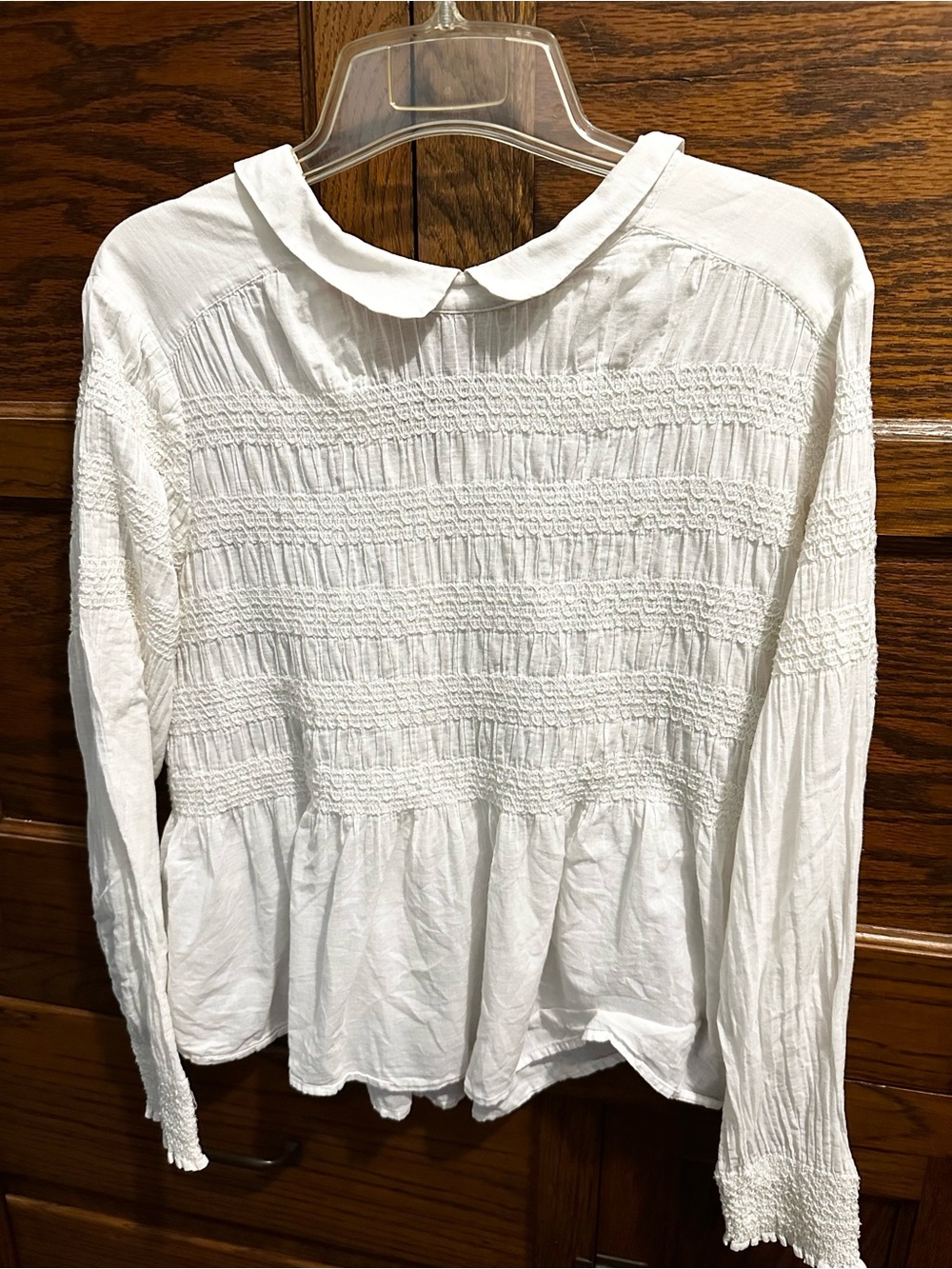 Free People White Smocked Cotton Gauze Peter Pan Collar Blouse - Size S